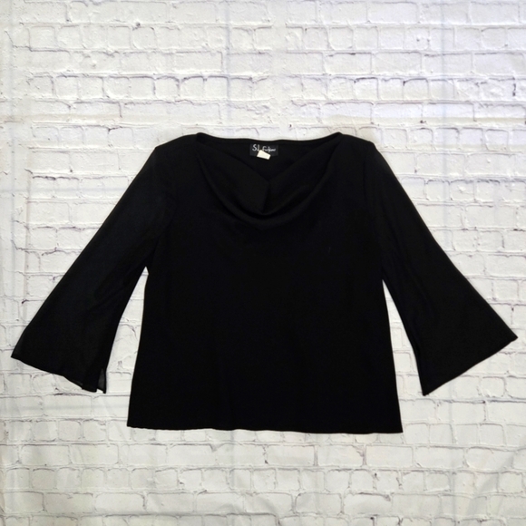 S.L. Fashions Tops - S.L. fashions Women's Black Scoop Blouse Chiffon sleeves and shoulder pads